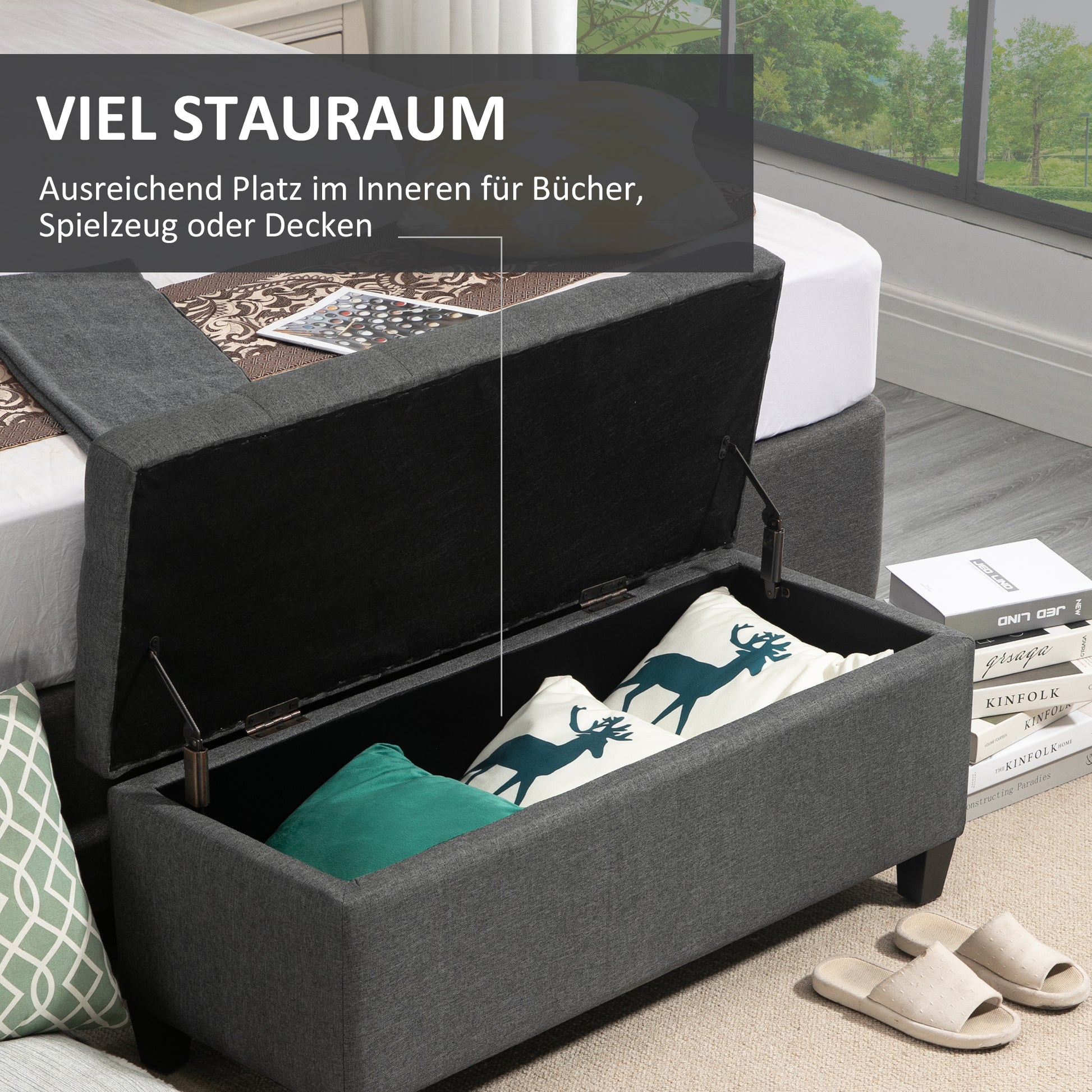 Bench Upholstered Bench with Storage Chest Bench Hallway Bedroom Living Room Linen-like Polyester Rubberwood Dark Gray 100 x 40 x 44 cm