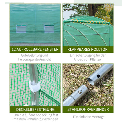 Greenhouse 800x300x200cm Foil Greenhouse Tomato House with Door, 12 Windows, Foil Tunnel Made of Galvanized Steel, PE, Stable Greenhouse Plant Tunnel, Including Ground Anchors & Ropes