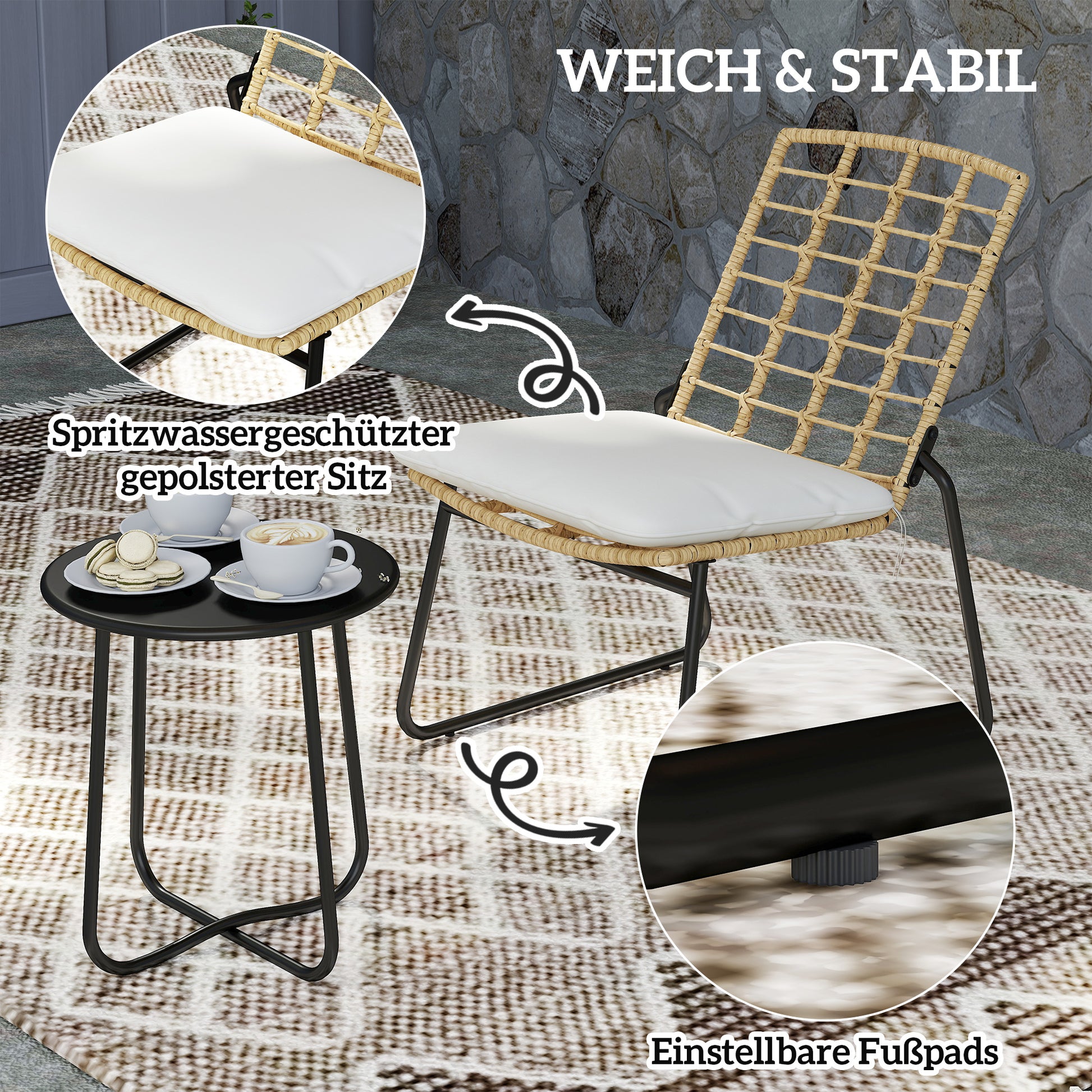 Rattan Garden Furniture Set, Patio Furniture Set for 2 Persons 3-piece Outdoor Seating Group with 2 Stackable Chairs, Table Cushions Weatherproof Garden Lounge for Terrace Balcony, Beige & Brown