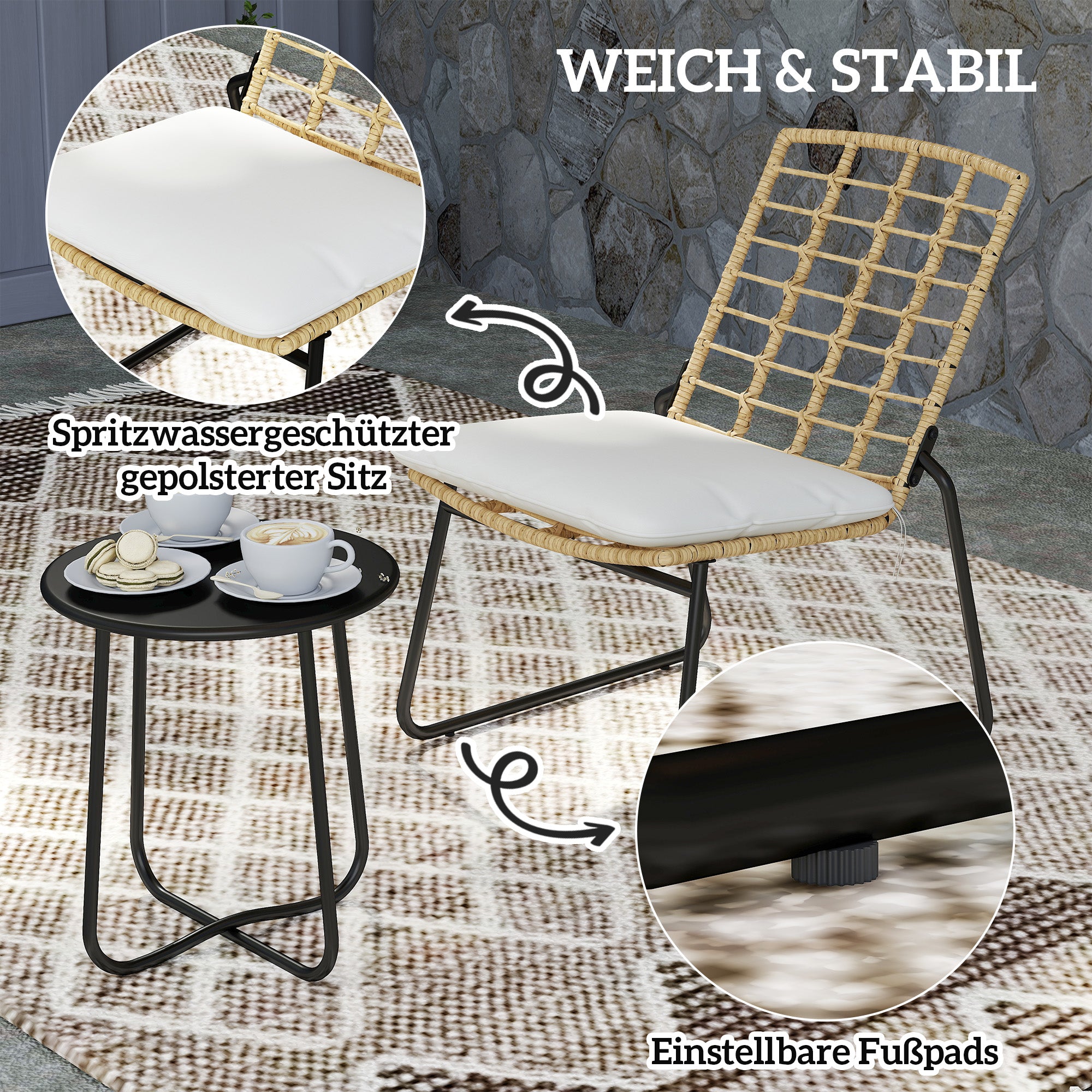 Rattan Garden Furniture Set, Patio Furniture Set for 2 Persons 3-piece Outdoor Seating Group with 2 Stackable Chairs, Table Cushions Weatherproof Garden Lounge for Terrace Balcony, Beige & Brown