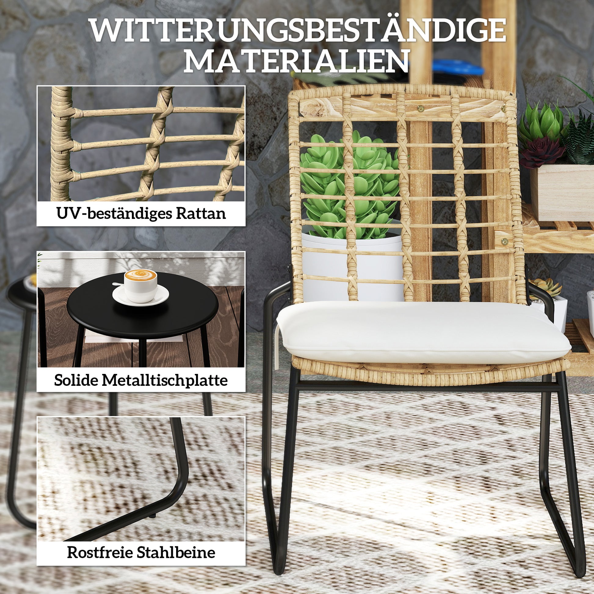 Rattan Garden Furniture Set, Patio Furniture Set for 2 Persons 3-piece Outdoor Seating Group with 2 Stackable Chairs, Table Cushions Weatherproof Garden Lounge for Terrace Balcony, Beige & Brown