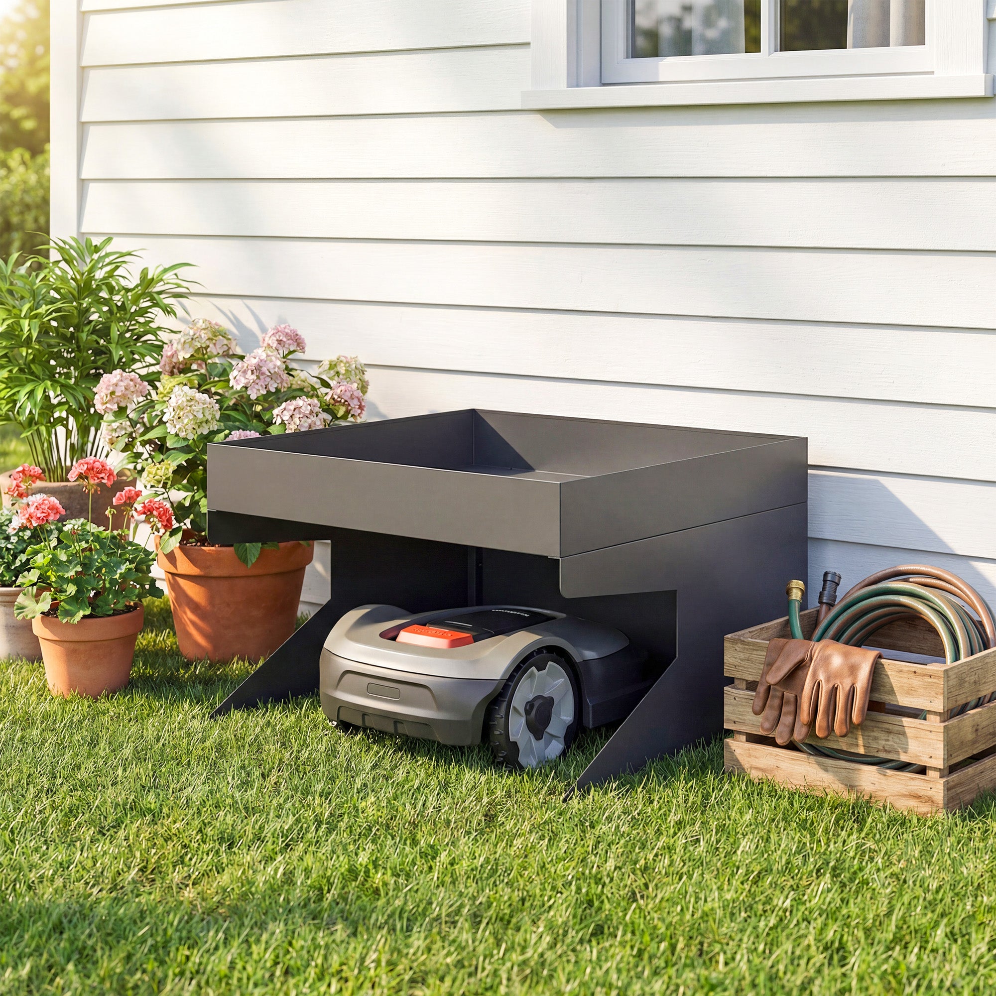 Robot Mower Garage, Galvanized Steel, 75 x 70 x 46 cm (29.5 x 27.6 x 18.1 in) with Planter – Black