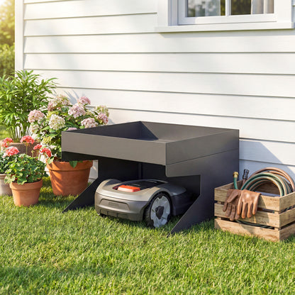 Robot Mower Garage, Galvanized Steel, 75 x 70 x 46 cm (29.5 x 27.6 x 18.1 in) with Planter – Black