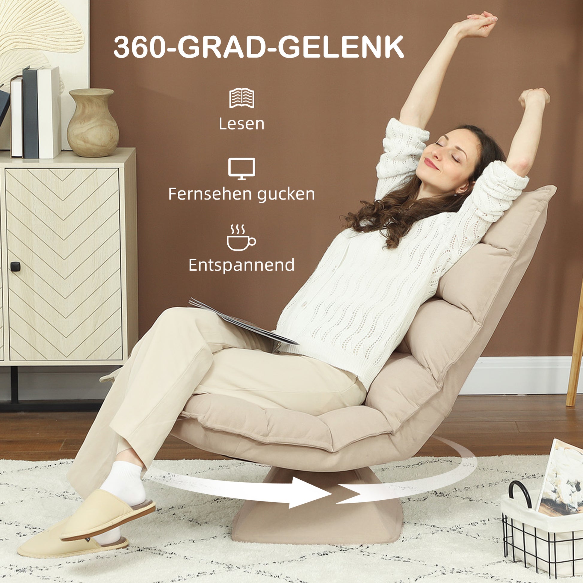 Floor Chair Floor Sofa with Adjustable Backrest, Swivel Meditation Chair with Base, Lazy Sofa, Padded Reclining Armchair for Office, Living Room, Beige