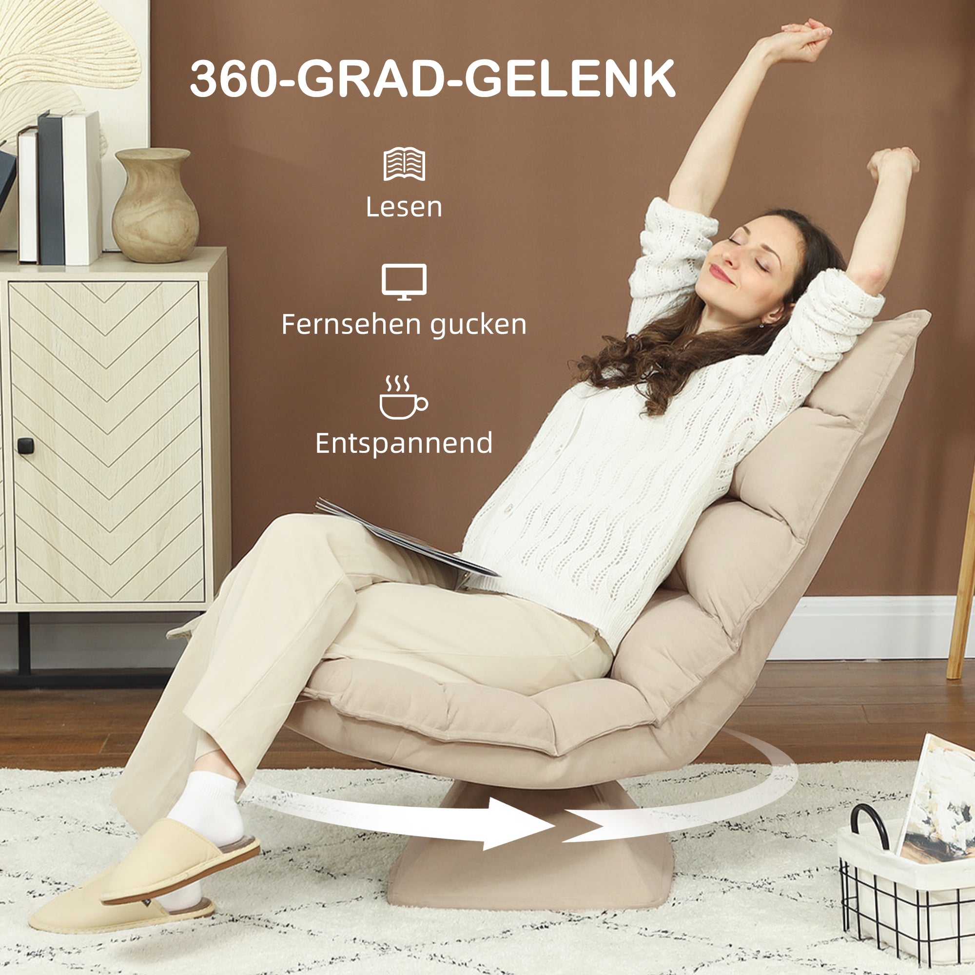 Floor Chair Floor Sofa with Adjustable Backrest, Swivel Meditation Chair with Base, Lazy Sofa, Padded Reclining Armchair for Office, Living Room, Beige