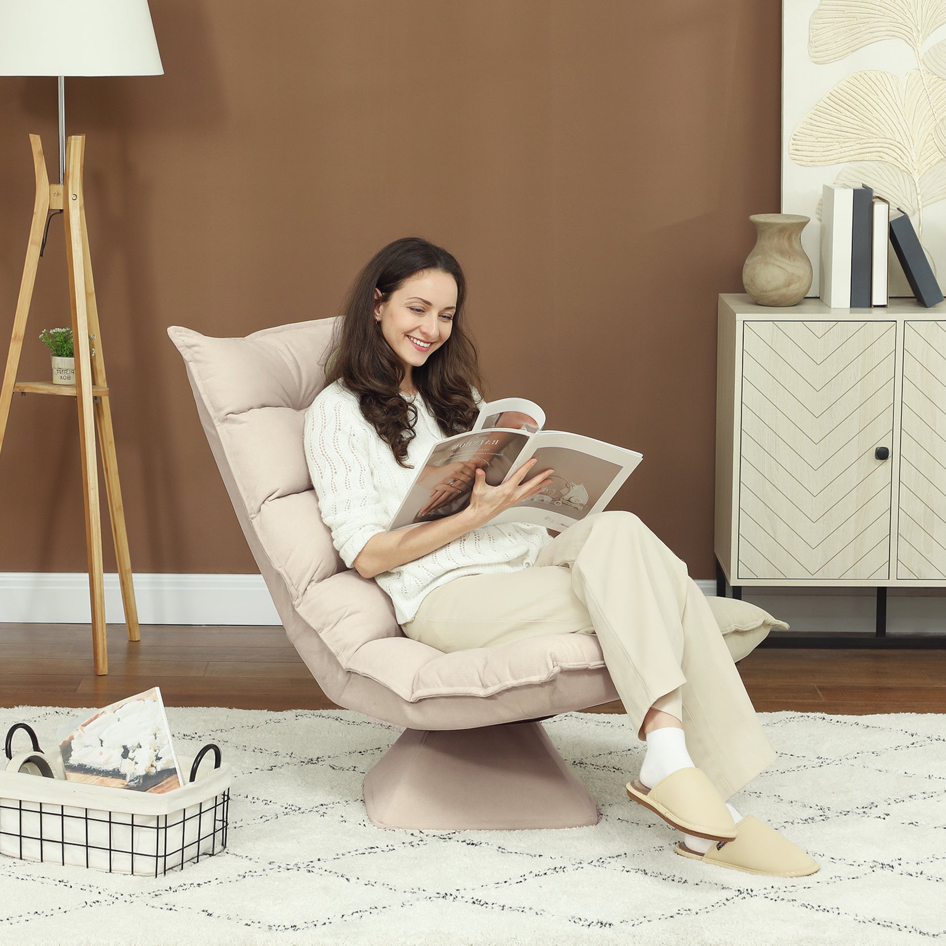 Floor Chair Floor Sofa with Adjustable Backrest, Swivel Meditation Chair with Base, Lazy Sofa, Padded Reclining Armchair for Office, Living Room, Beige