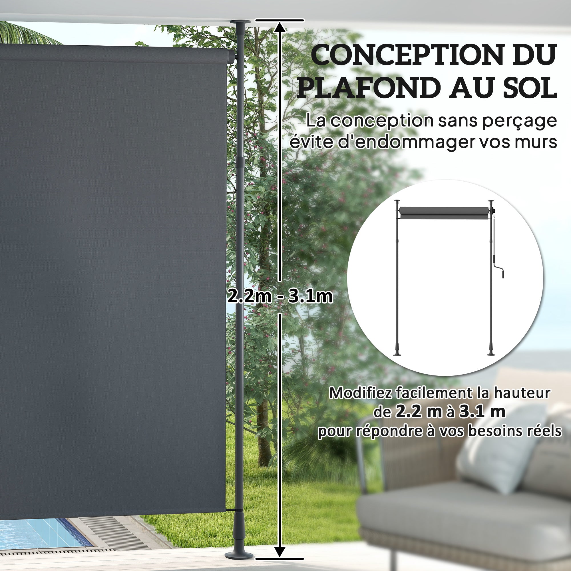 Outdoor Free-standing Awning Retractable Manual Awning Adjustable Length 2 x 2.2-3.1 m with Crank Installation Without Drilling Metal Aluminum Polyester Dark Grey
