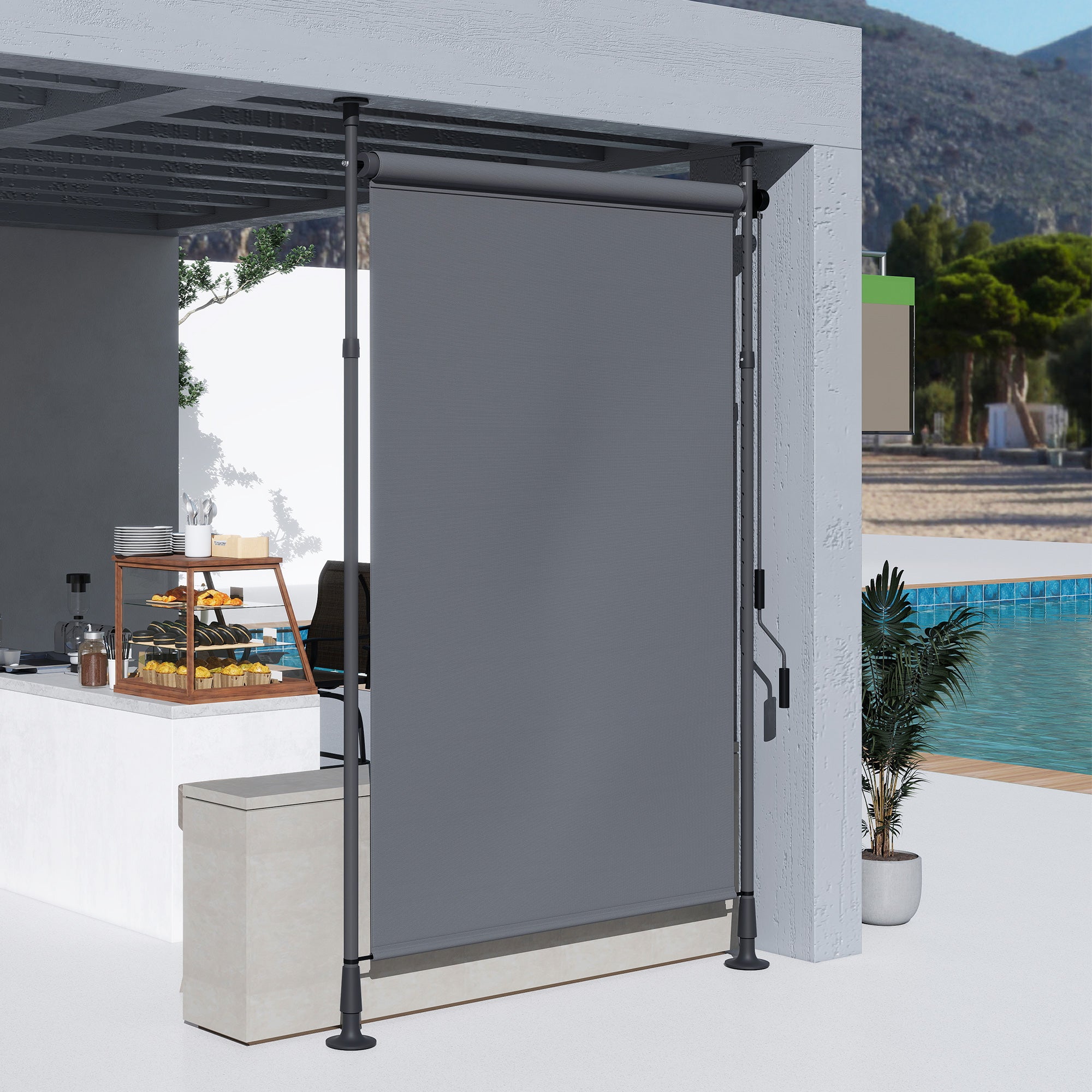 Outdoor Free-standing Awning Retractable Manual Awning Adjustable Length 2 x 2.2-3.1 m with Crank Installation Without Drilling Metal Aluminum Polyester Dark Grey