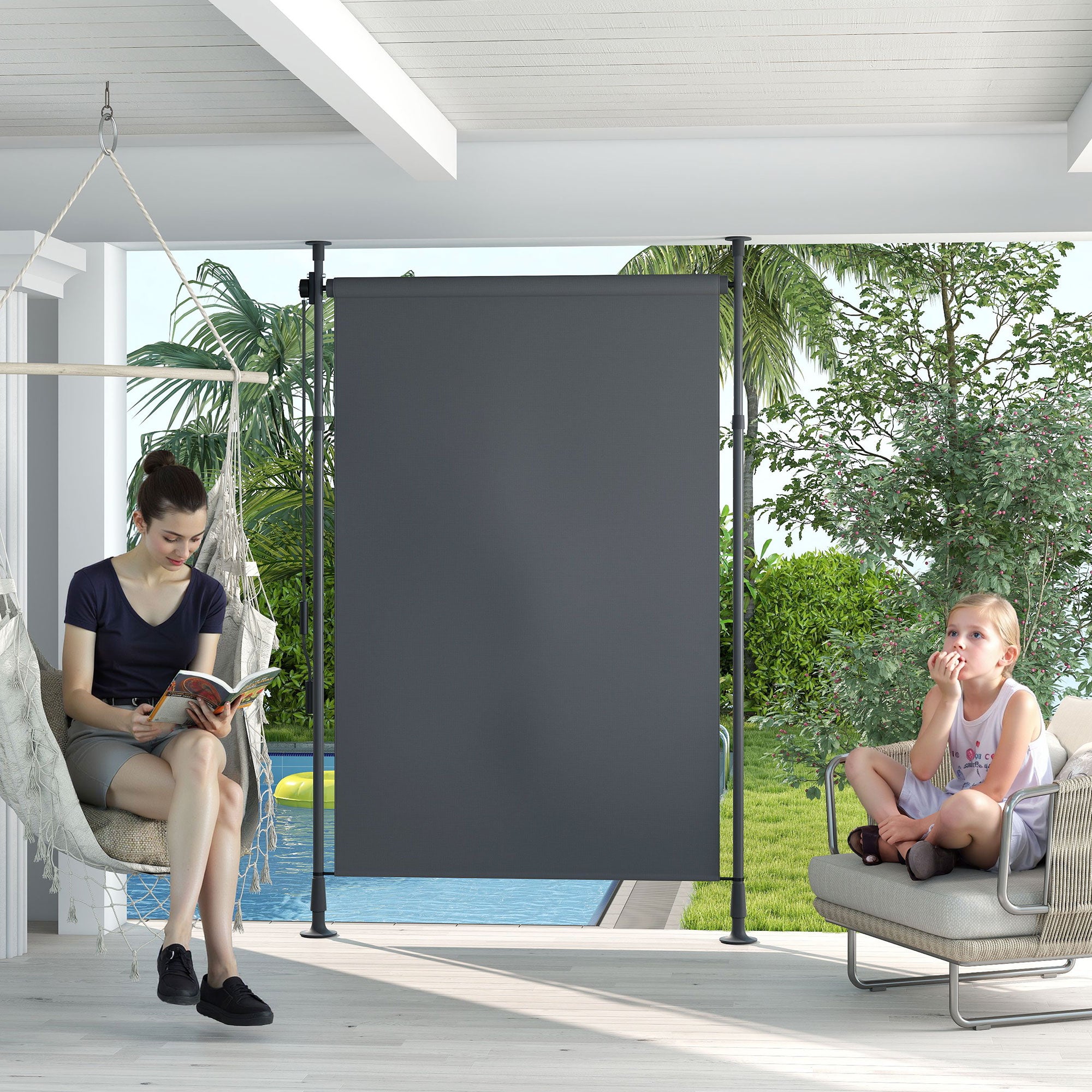 Outdoor Free-standing Awning Retractable Manual Awning Adjustable Length 2 x 2.2-3.1 m with Crank Installation Without Drilling Metal Aluminum Polyester Dark Grey