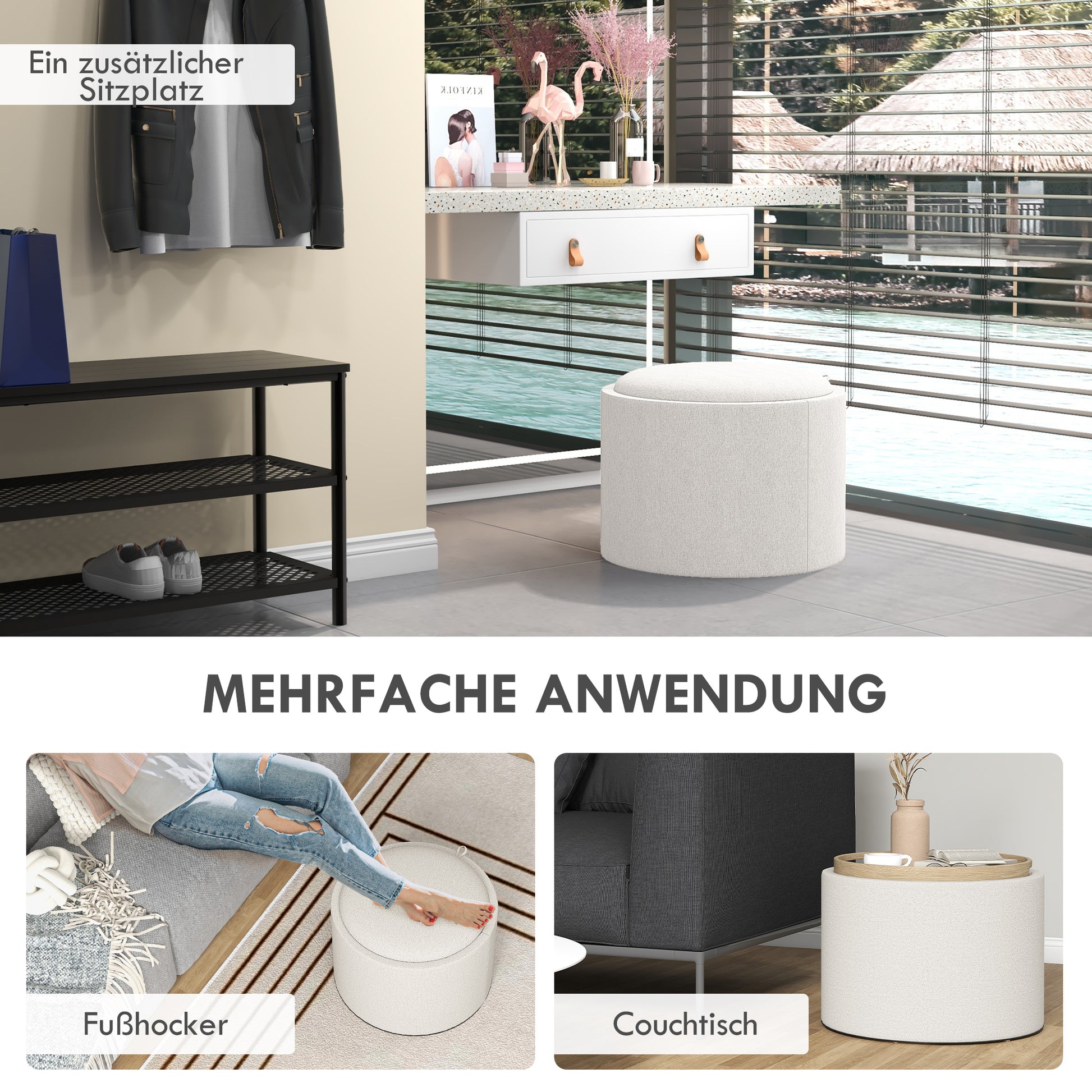 Storage Ottoman Footrest Ottoman Cube Storage Box Padded Ottoman, Linen-Like 56 x 42 x 42 cm Cream