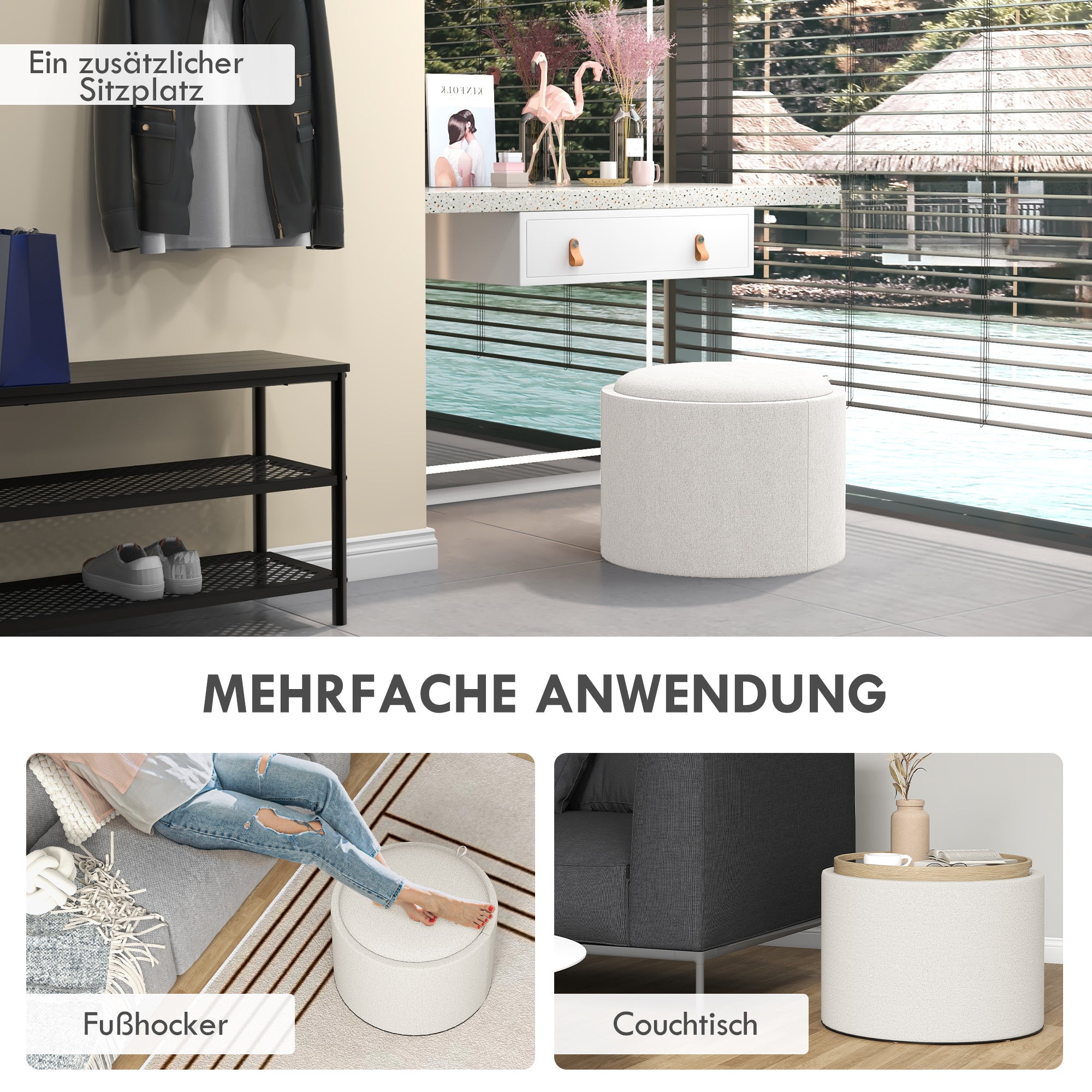 Storage Ottoman Footrest Ottoman Cube Storage Box Padded Ottoman, Linen-Like 56 x 42 x 42 cm Cream