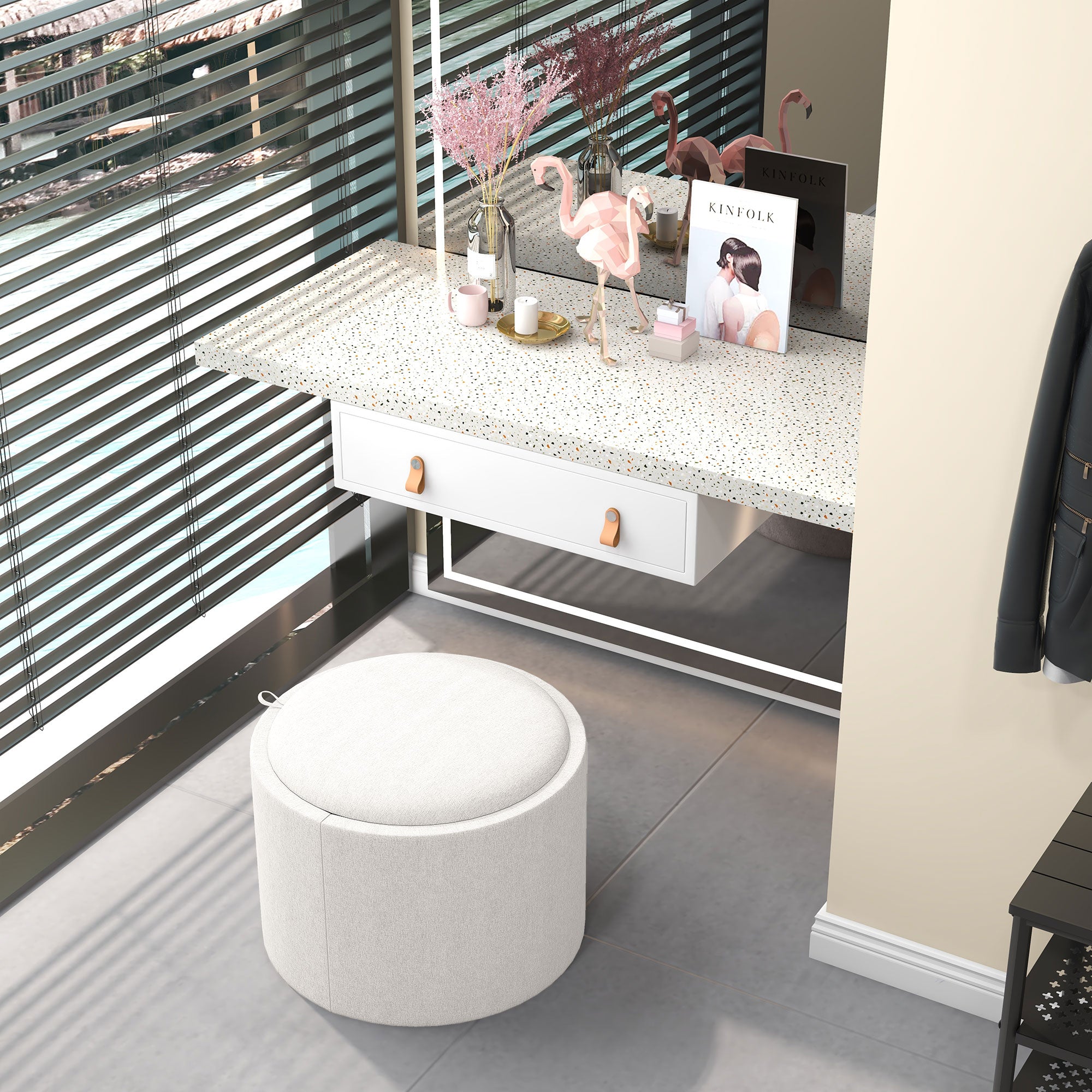 Storage Ottoman Footrest Ottoman Cube Storage Box Padded Ottoman, Linen-Like 56 x 42 x 42 cm Cream