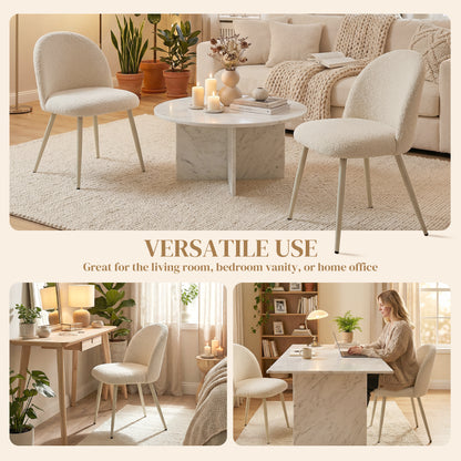 2-Pack Dining Chairs with Backrest, Cream Chenille Upholstery — Scandinavian Upholstered Side Chairs with Metal Legs