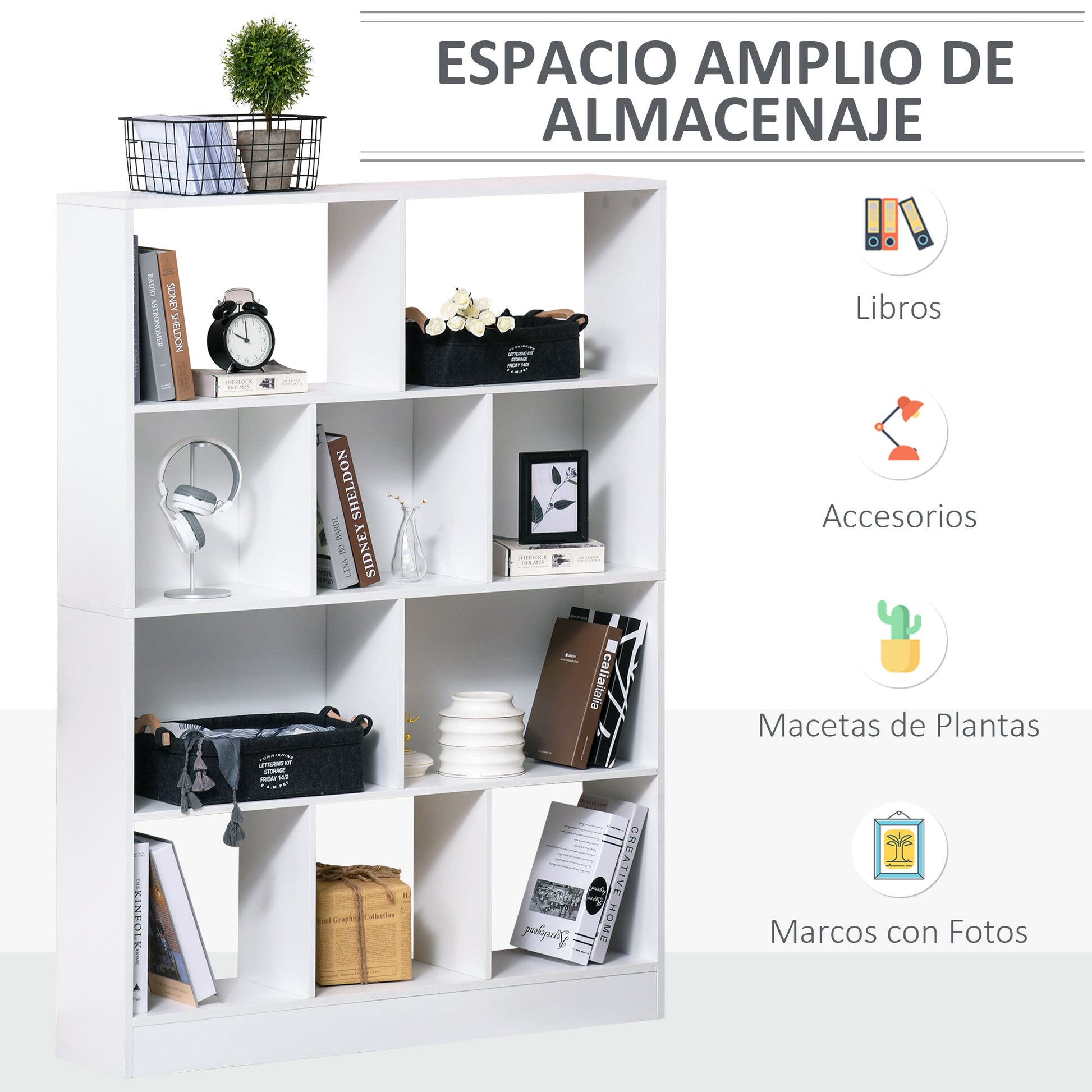 4-Tier Bookshelf with 10 Compartments Multi-Purpose Storage Shelves for Books Plants 100x23.8x140 cm White