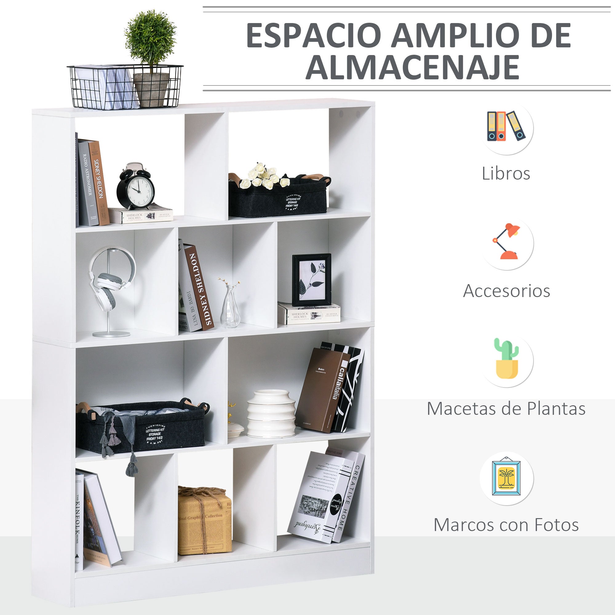 4-Tier Bookshelf with 10 Compartments Multi-Purpose Storage Shelves for Books Plants 100x23.8x140 cm White