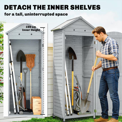 Extra-Tall Wooden Garden Storage Shed with Adjustable Shelves, Magnetic Door, Galvanized Roof, Ventilation & Anti-Tip Kit, 85 x 58 x 213 cm (33.5 x 22.8 x 84 in) – Gray