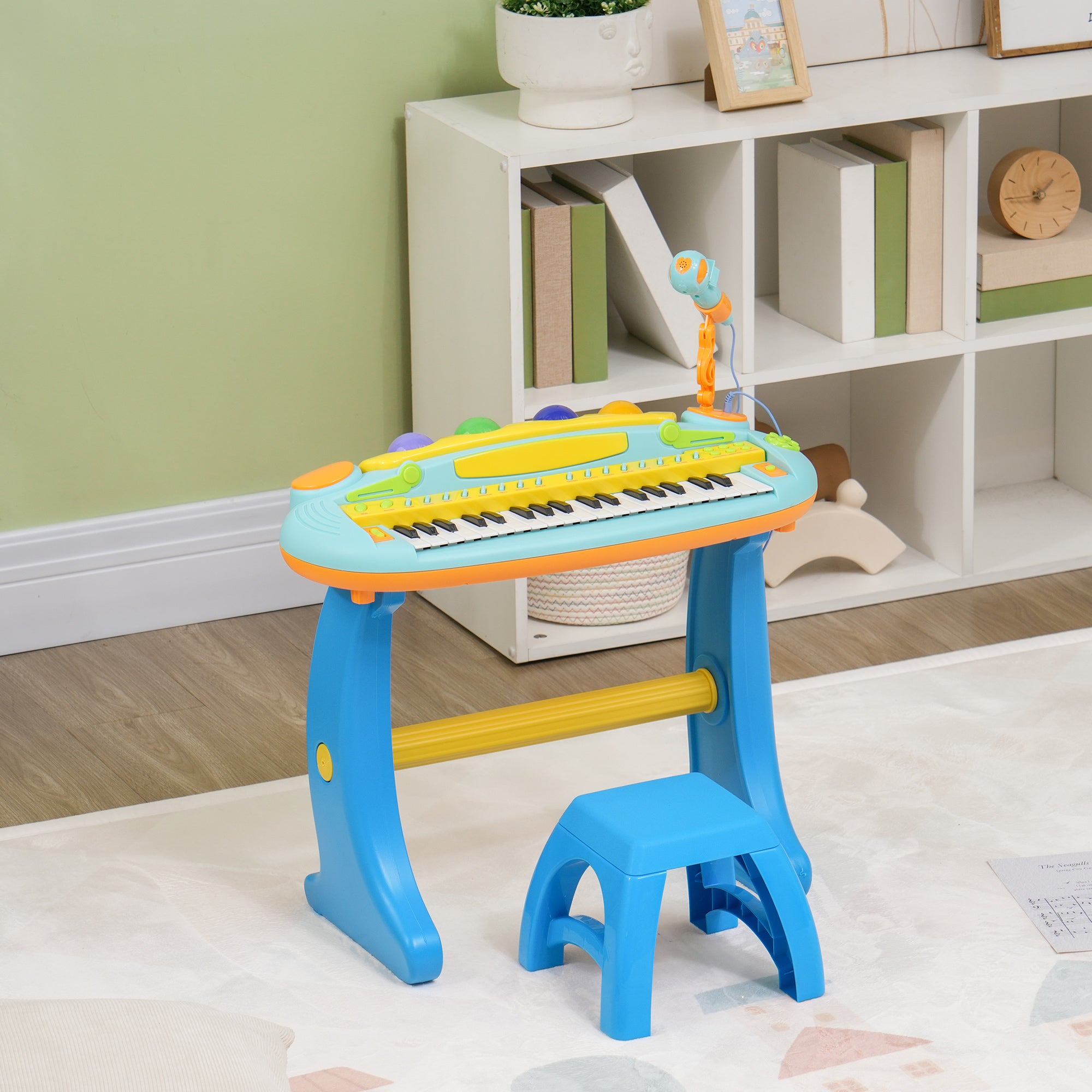 Children's Electronic Piano, 37-Key Piano Keyboard, with Microphone, Stool, LED Light, Recording and Playback Function, Music Instrument for Children 3 to 6 Years Old, Blue