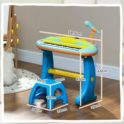 Children's Electronic Piano, 37-Key Piano Keyboard, with Microphone, Stool, LED Light, Recording and Playback Function, Music Instrument for Children 3 to 6 Years Old, Blue