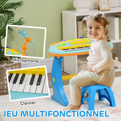 Children's Electronic Piano, 37-Key Piano Keyboard, with Microphone, Stool, LED Light, Recording and Playback Function, Music Instrument for Children 3 to 6 Years Old, Blue