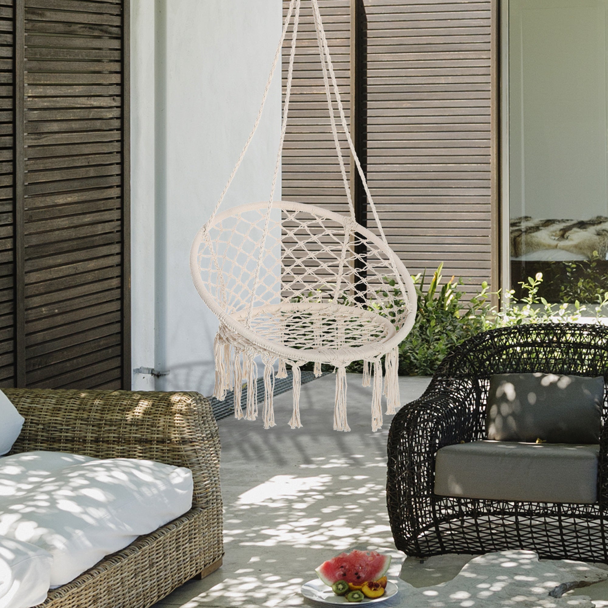 Hanging Chair Indoor Outdoor Hammock Swing Chair Portable Travel Hammock Chair Ø 80 x 42H cm Macramé Cotton Polyester Beige