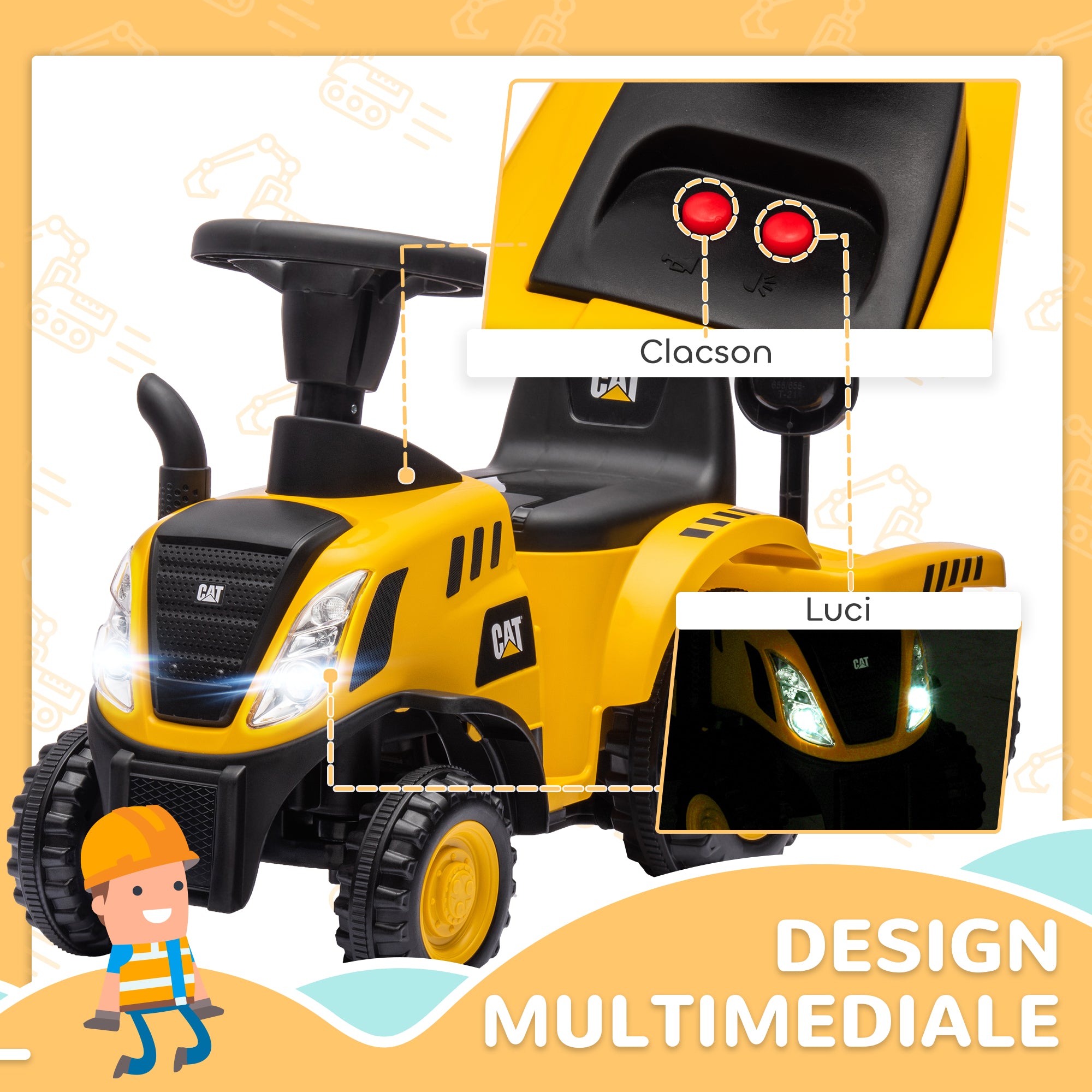 Children's Toy Truck 12-36 Months with Integrated Shovel and Trailer, Ride-On Excavator for Kids in PP and Metal, 91x29x44 cm, Yellow