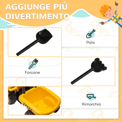 Children's Toy Truck 12-36 Months with Integrated Shovel and Trailer, Ride-On Excavator for Kids in PP and Metal, 91x29x44 cm, Yellow