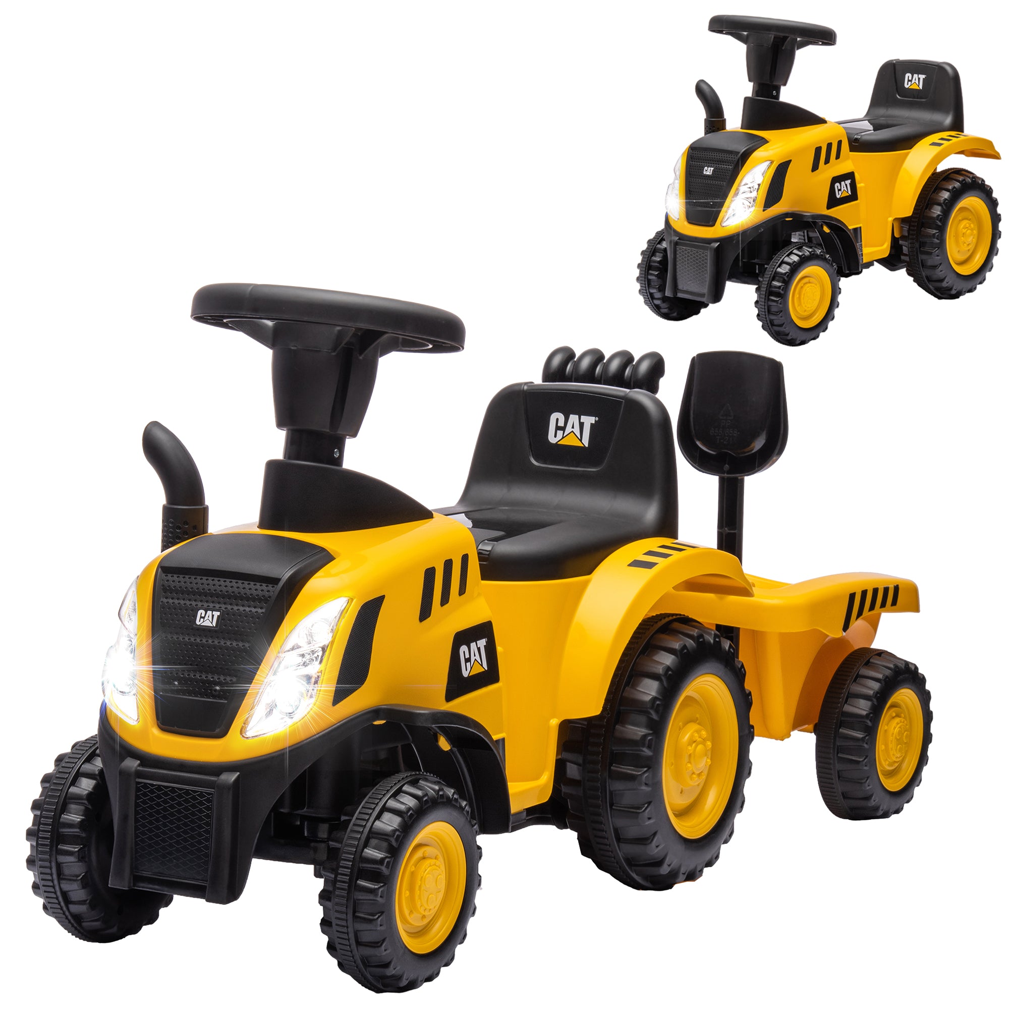 Children's Toy Truck 12-36 Months with Integrated Shovel and Trailer, Ride-On Excavator for Kids in PP and Metal, 91x29x44 cm, Yellow