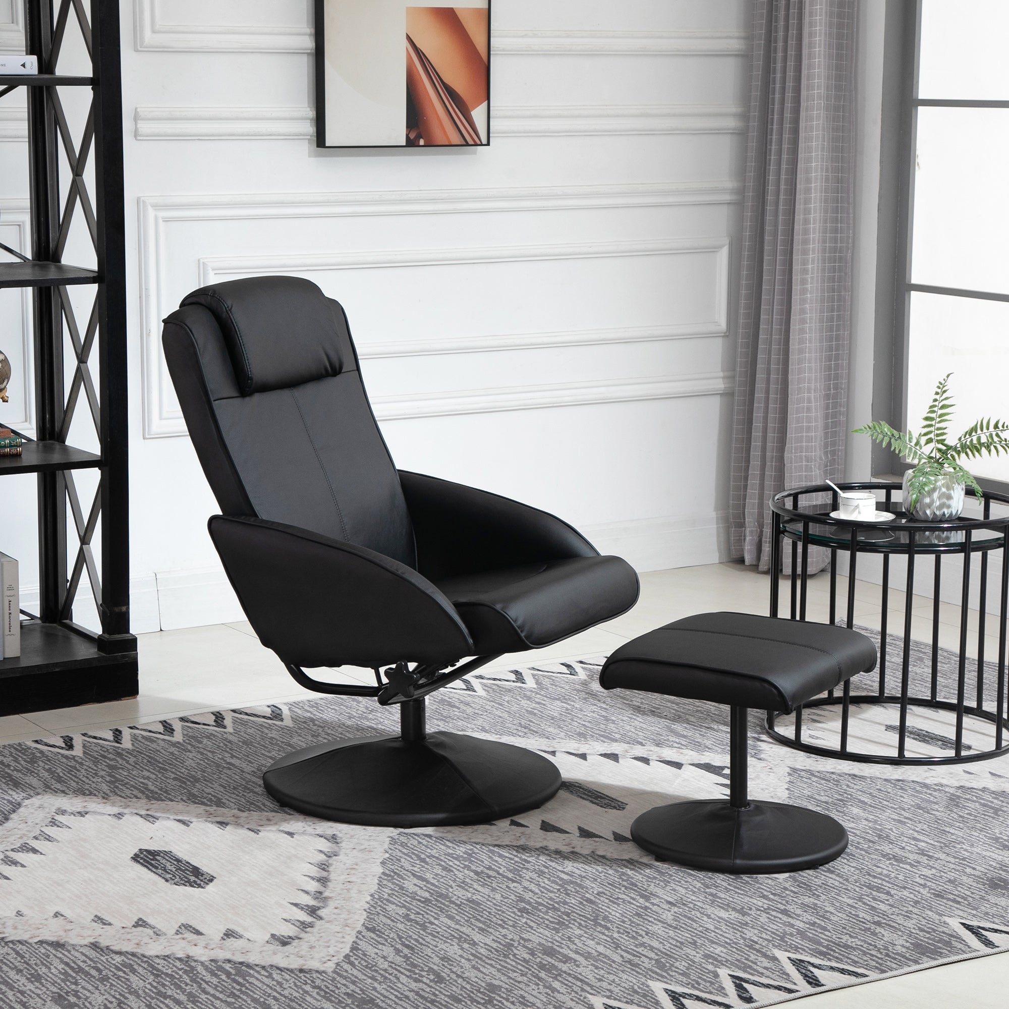 Reclining Chair with Footrest Swivel Lounge Chair with PU Upholstery and Steel Frame Load 120 kg Armchair for Bedroom Living Room Black
