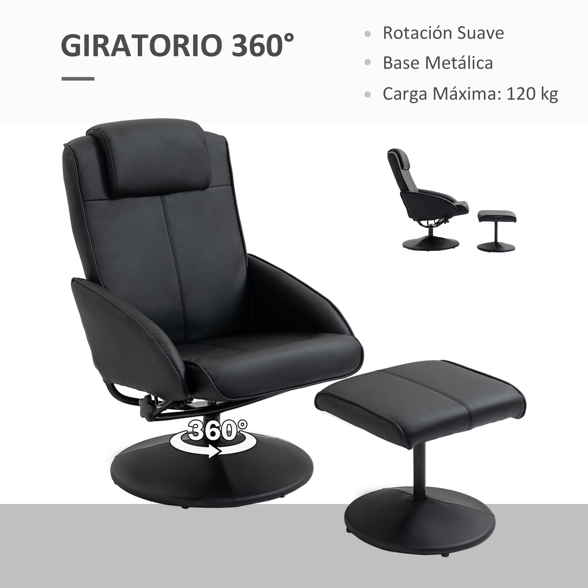 Reclining Chair with Footrest Swivel Lounge Chair with PU Upholstery and Steel Frame Load 120 kg Armchair for Bedroom Living Room Black