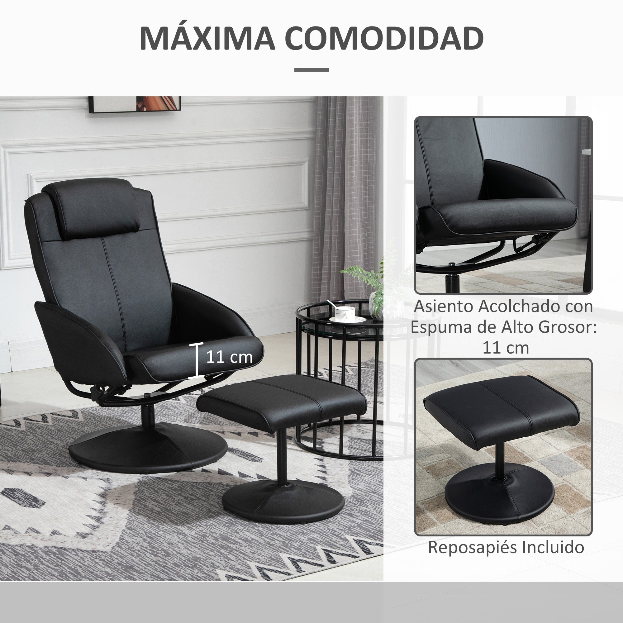 Reclining Chair with Footrest Swivel Lounge Chair with PU Upholstery and Steel Frame Load 120 kg Armchair for Bedroom Living Room Black