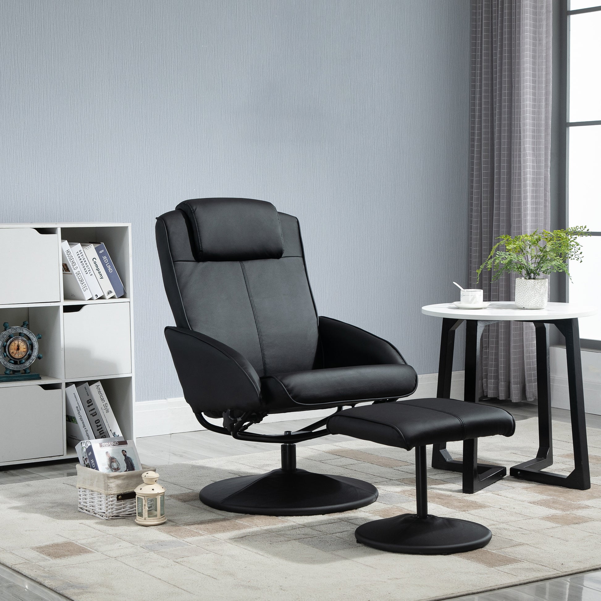 Reclining Chair with Footrest Swivel Lounge Chair with PU Upholstery and Steel Frame Load 120 kg Armchair for Bedroom Living Room Black
