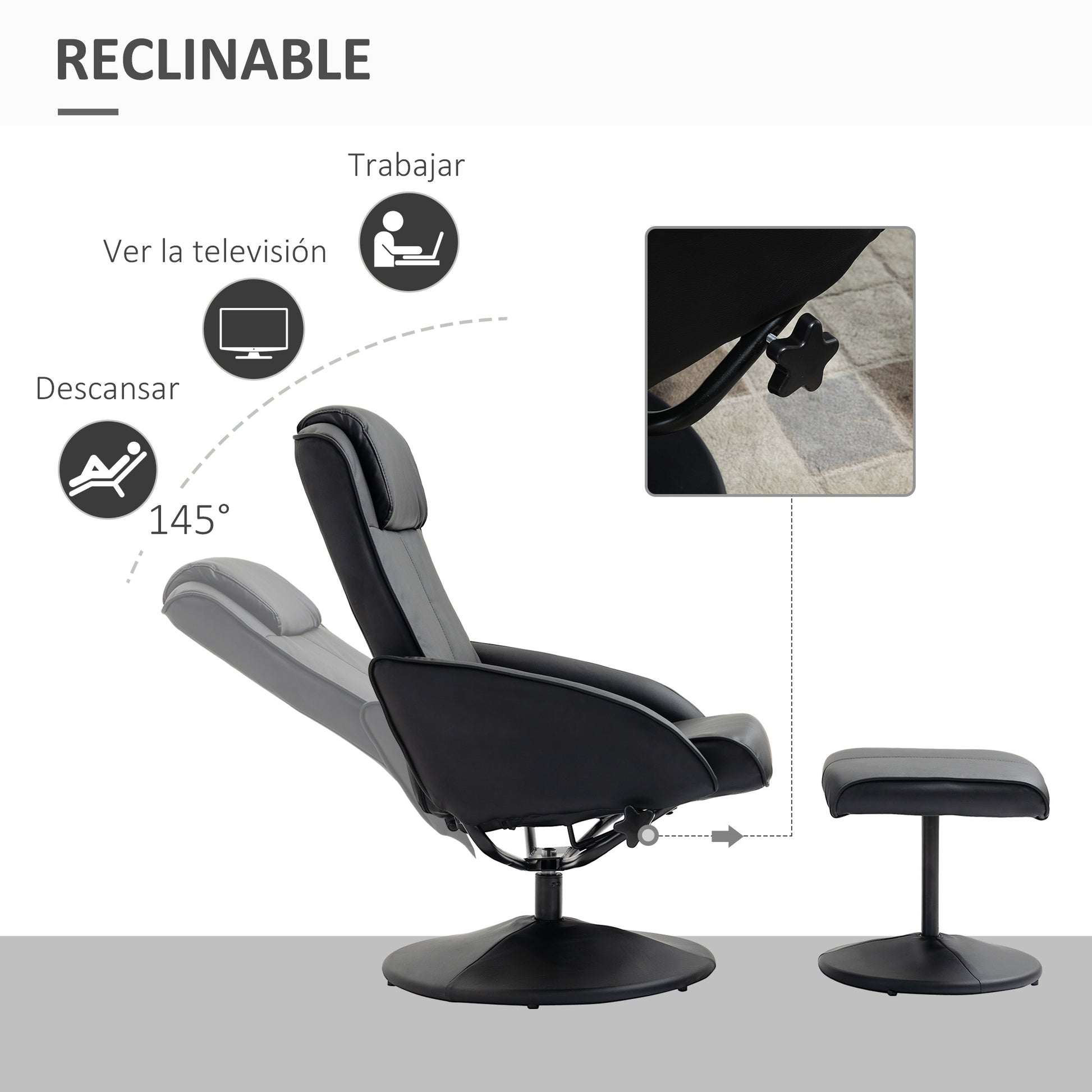 Reclining Chair with Footrest Swivel Lounge Chair with PU Upholstery and Steel Frame Load 120 kg Armchair for Bedroom Living Room Black
