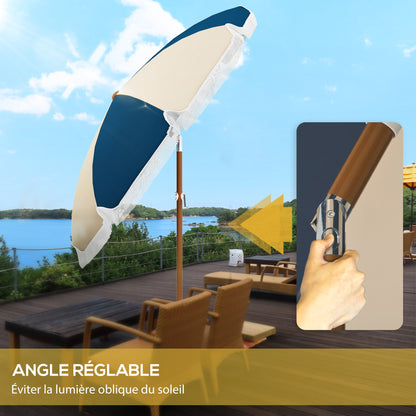 Straight garden parasol, tilting round parasol Ø 213 cm with fringes, high-density anti-UV polyester canopy, detachable mast, 8 ribs - vintage style - blue and beige