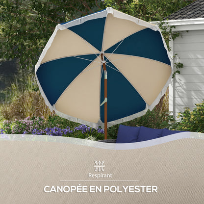 Straight garden parasol, tilting round parasol Ø 213 cm with fringes, high-density anti-UV polyester canopy, detachable mast, 8 ribs - vintage style - blue and beige