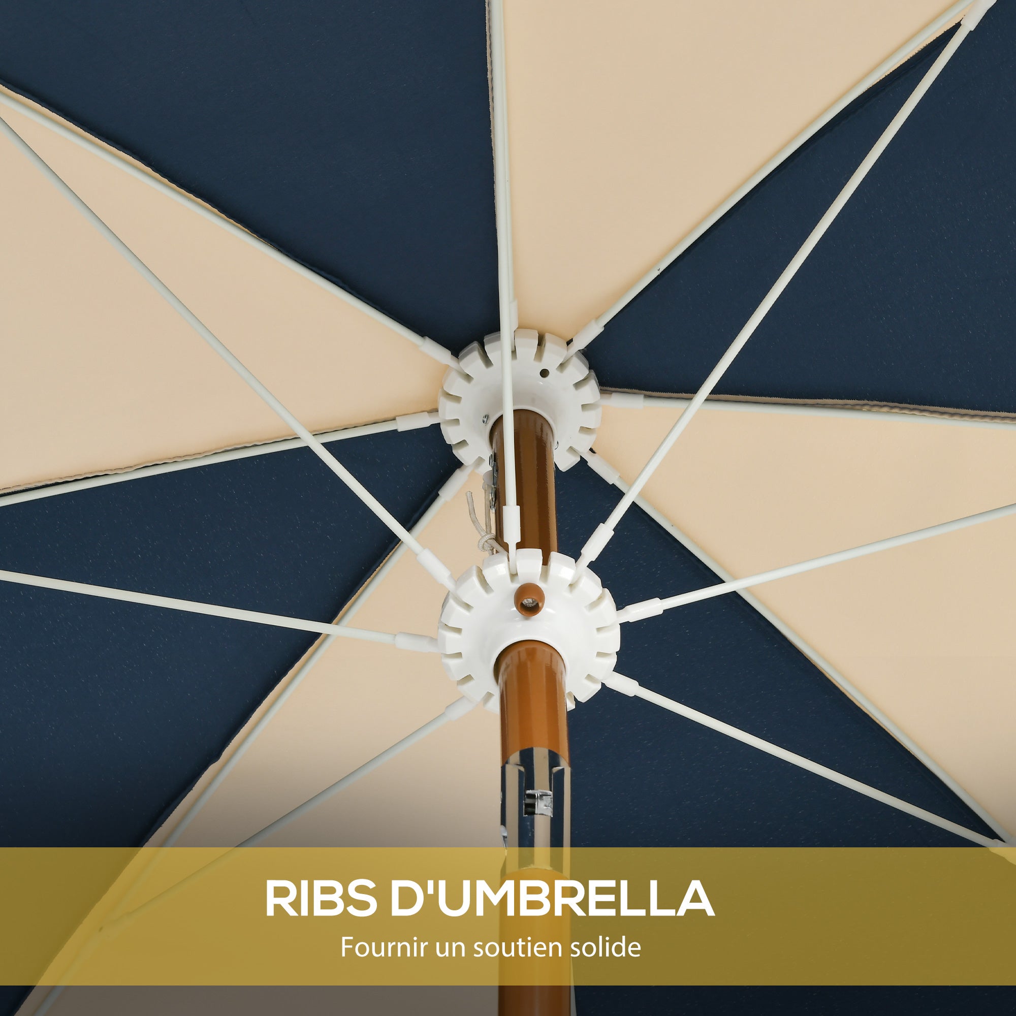 Straight garden parasol, tilting round parasol Ø 213 cm with fringes, high-density anti-UV polyester canopy, detachable mast, 8 ribs - vintage style - blue and beige