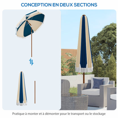 Straight garden parasol, tilting round parasol Ø 213 cm with fringes, high-density anti-UV polyester canopy, detachable mast, 8 ribs - vintage style - blue and beige