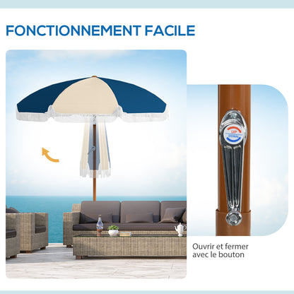 Straight garden parasol, tilting round parasol Ø 213 cm with fringes, high-density anti-UV polyester canopy, detachable mast, 8 ribs - vintage style - blue and beige