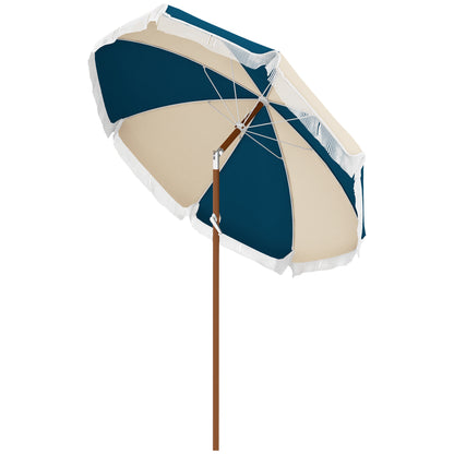 Straight garden parasol, tilting round parasol Ø 213 cm with fringes, high-density anti-UV polyester canopy, detachable mast, 8 ribs - vintage style - blue and beige