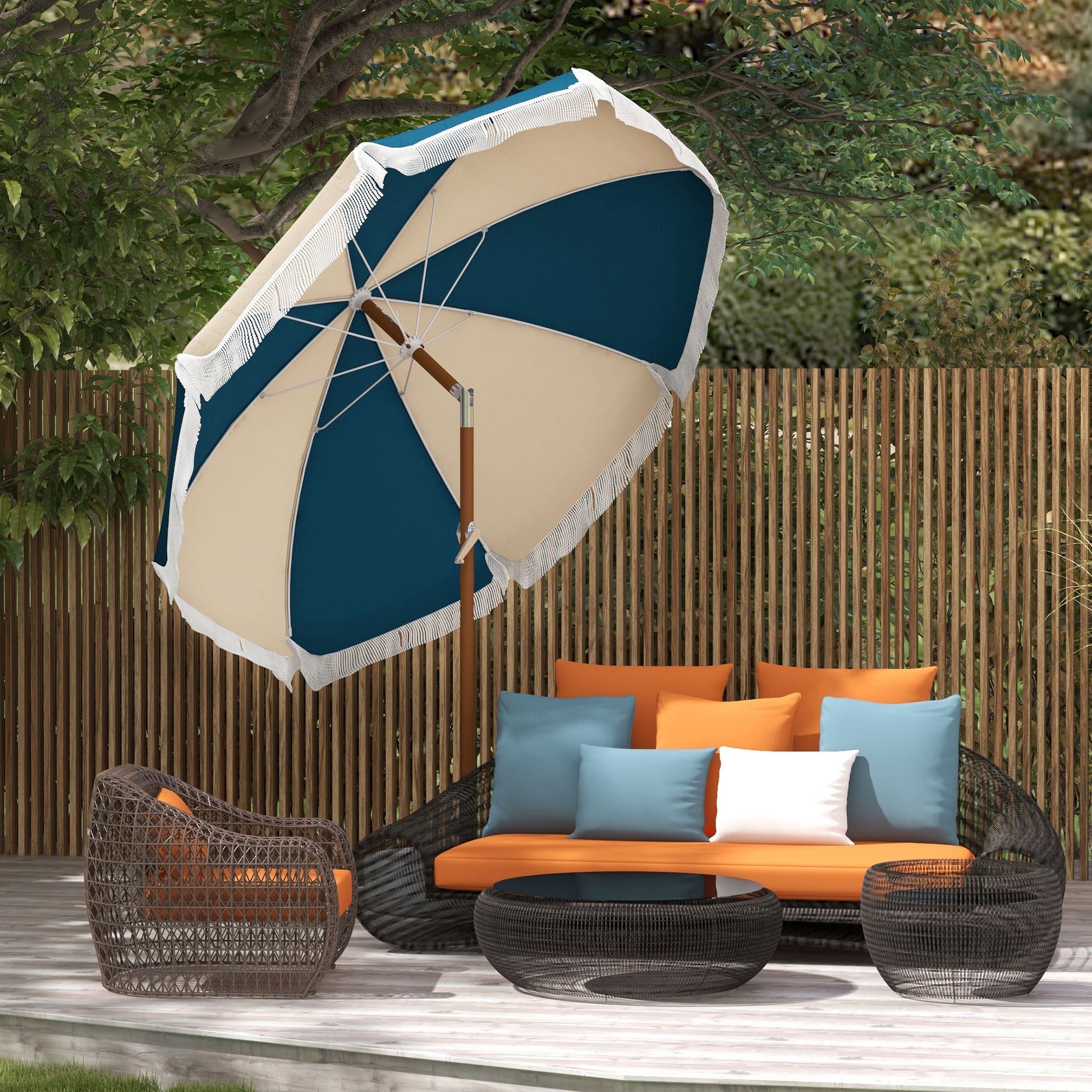 Straight garden parasol, tilting round parasol Ø 213 cm with fringes, high-density anti-UV polyester canopy, detachable mast, 8 ribs - vintage style - blue and beige