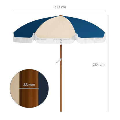 Straight garden parasol, tilting round parasol Ø 213 cm with fringes, high-density anti-UV polyester canopy, detachable mast, 8 ribs - vintage style - blue and beige
