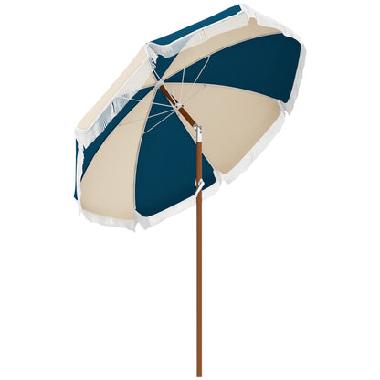 Straight garden parasol, tilting round parasol Ø 213 cm with fringes, high-density anti-UV polyester canopy, detachable mast, 8 ribs - vintage style - blue and beige