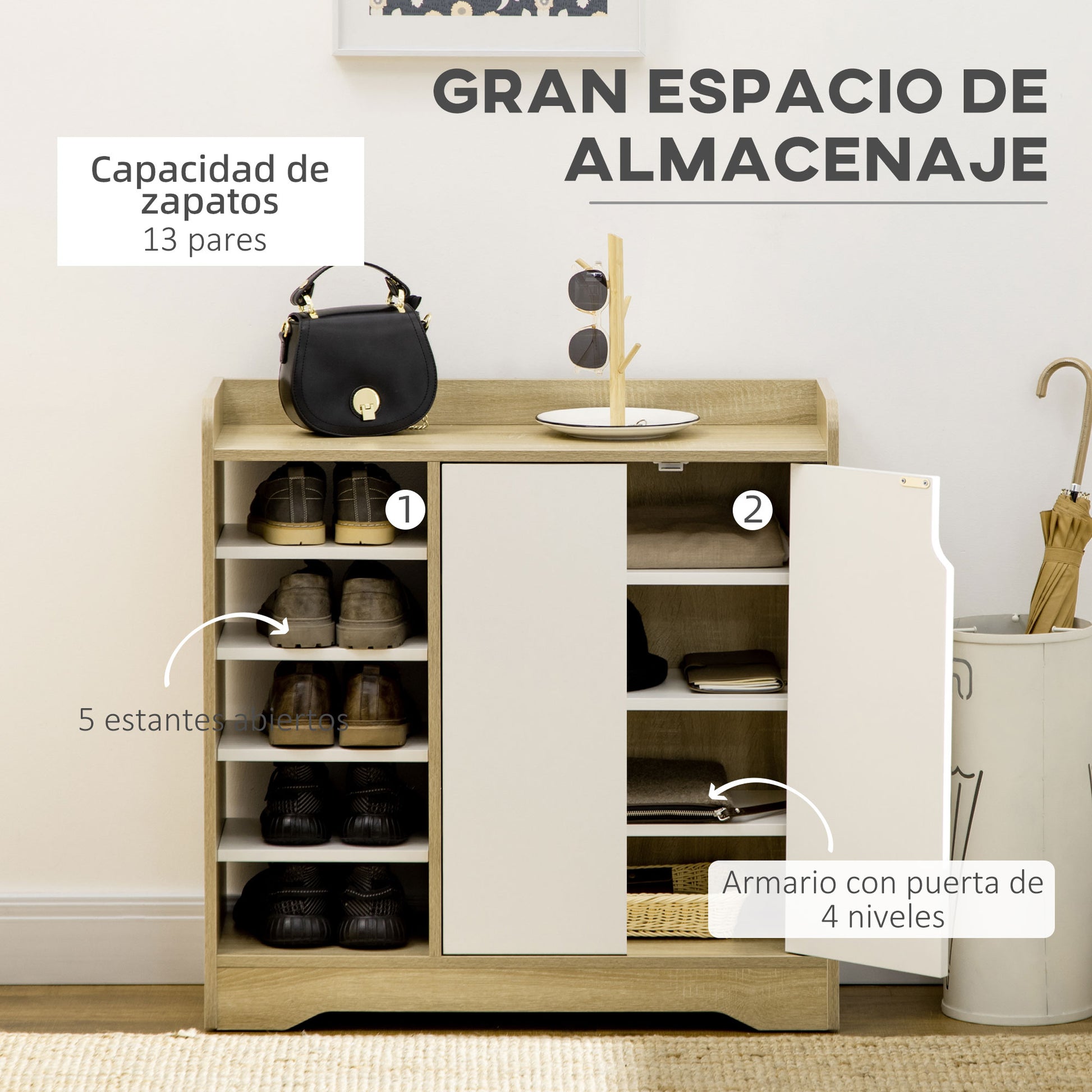 Modern Shoe Cabinet Narrow Shoe Rack with 2 Doors Storage Shelves for 13 Pairs of Shoes for Entryway Hallway 80x30x80 cm Natural and White