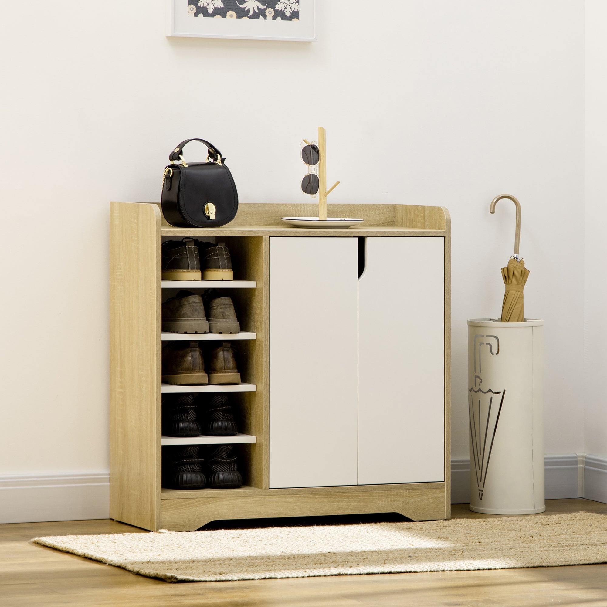 Modern Shoe Cabinet Narrow Shoe Rack with 2 Doors Storage Shelves for 13 Pairs of Shoes for Entryway Hallway 80x30x80 cm Natural and White
