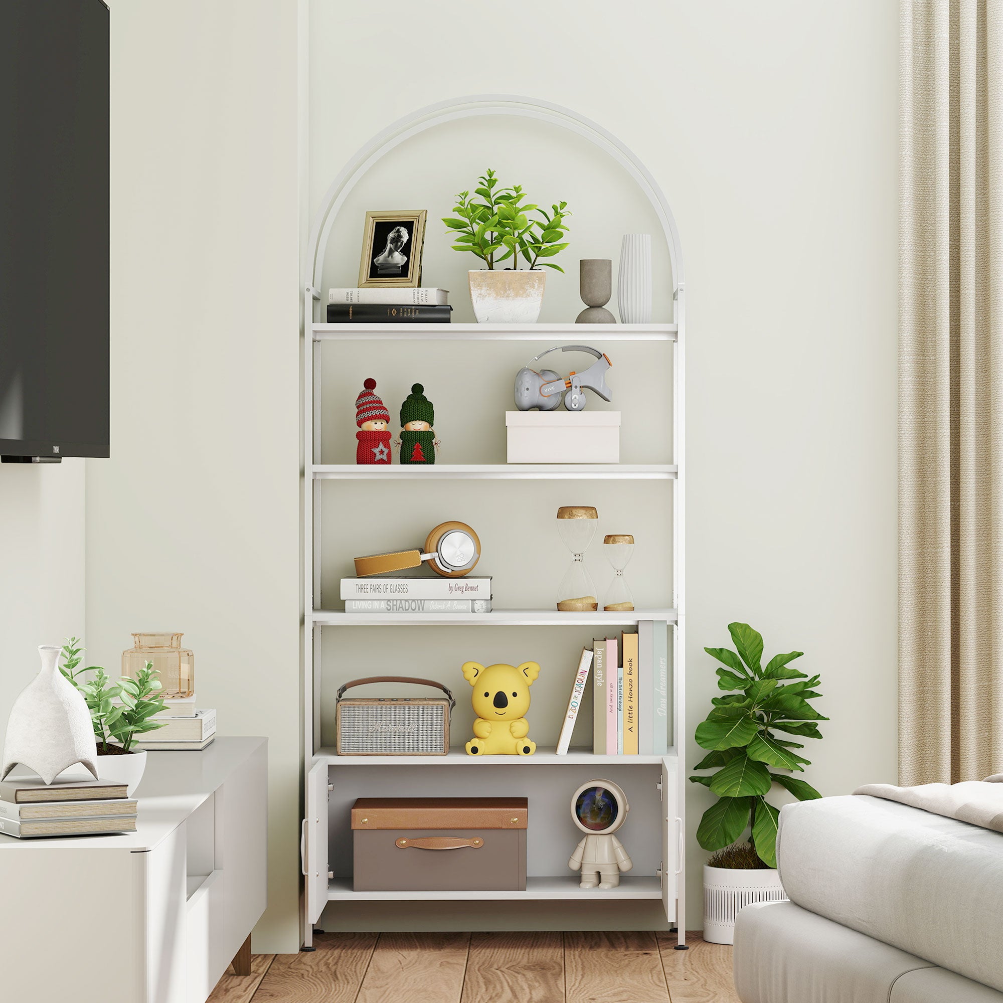 4-Tier Arched Storage Shelf with Double-Door Cabinet, Adjustable Feet, Steel Frame, for Office, Living Room, Bedroom — 80 x 30 x 187 cm (31.5 x 11.8 x 73.6 in), White