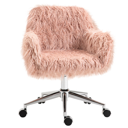 Office Chair Swivel Computer Chair Vanity Chair with Faux Fur Seat Height Adjustment for Girls Faux Fur Foam Pink+Silver 57 x 60 x 75-85 cm