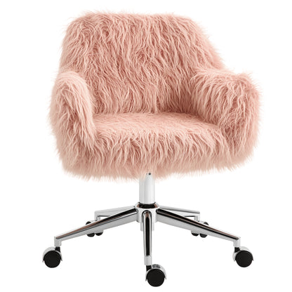Office Chair Swivel Computer Chair Vanity Chair with Faux Fur Seat Height Adjustment for Girls Faux Fur Foam Pink+Silver 57 x 60 x 75-85 cm