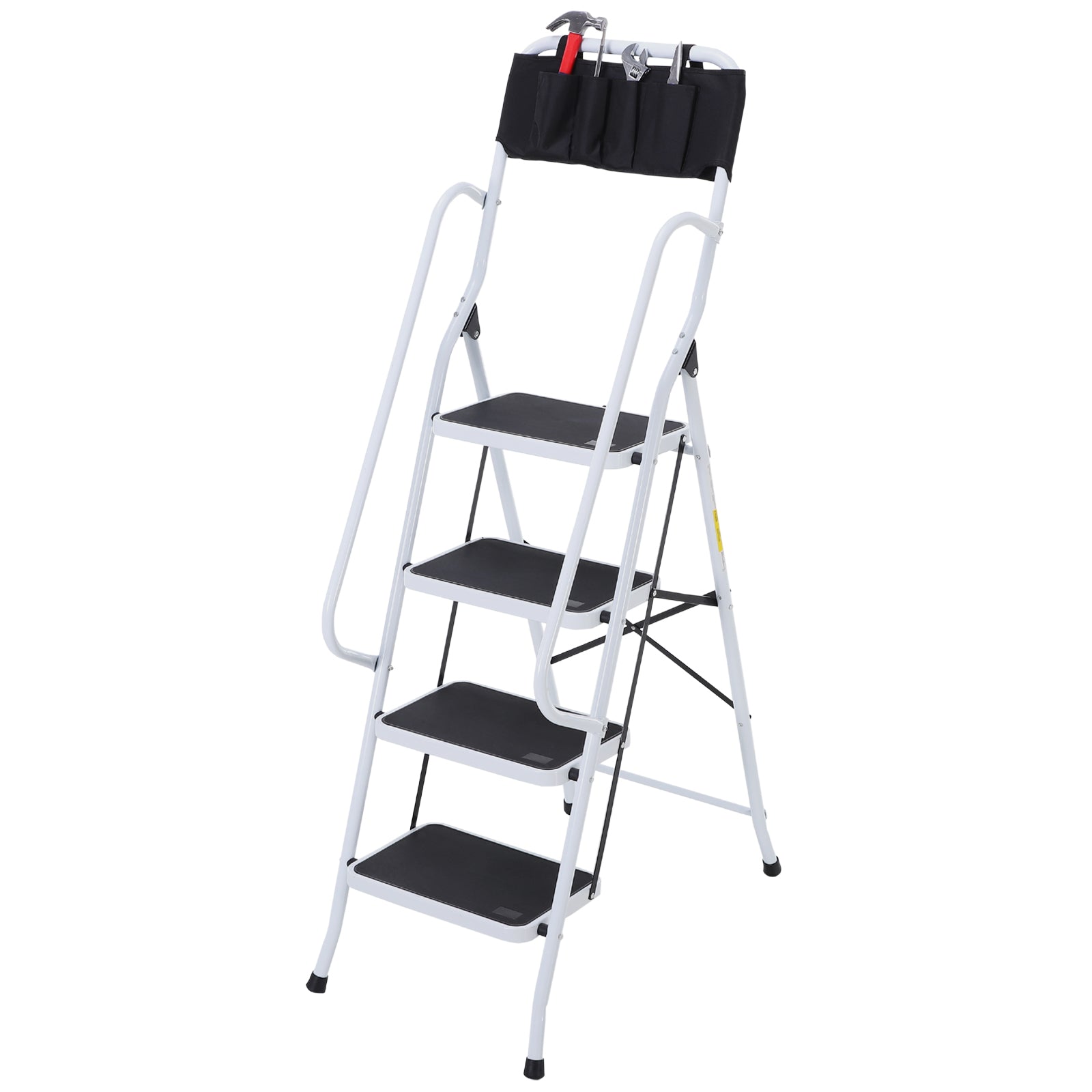 4-Step Foldable Steel Step Ladder with Handrails and Tool Holder 330 lbs Capacity 19.7x32.7x61 inches Black and White