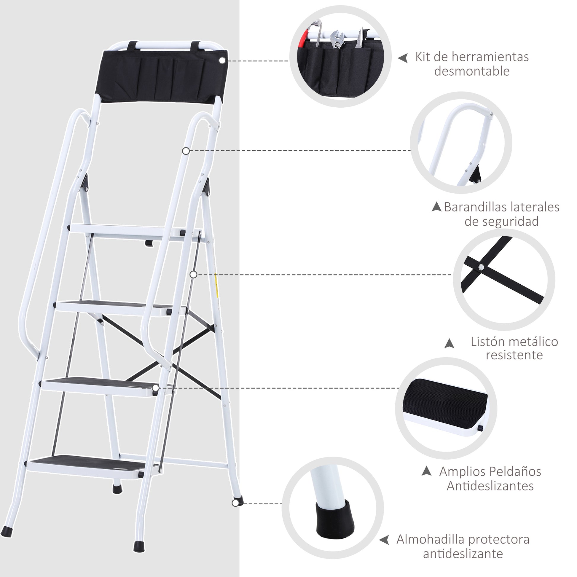 4-Step Foldable Steel Step Ladder with Handrails and Tool Holder 330 lbs Capacity 19.7x32.7x61 inches Black and White