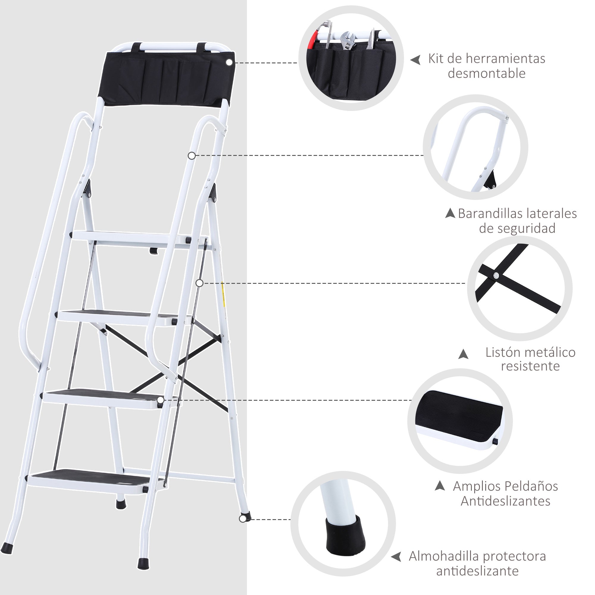 4-Step Foldable Steel Step Ladder with Handrails and Tool Holder 330 lbs Capacity 19.7x32.7x61 inches Black and White