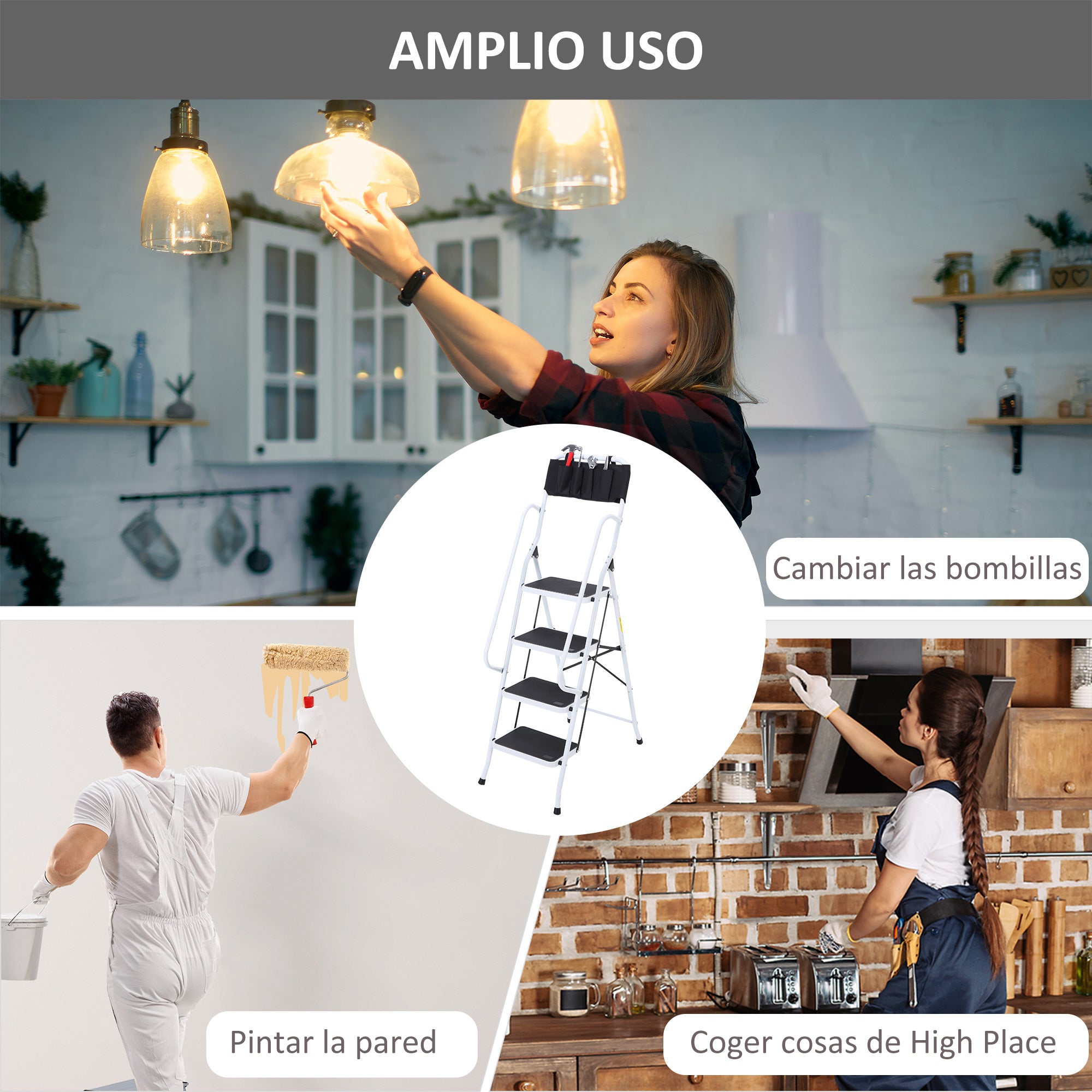 4-Step Foldable Steel Step Ladder with Handrails and Tool Holder 330 lbs Capacity 19.7x32.7x61 inches Black and White